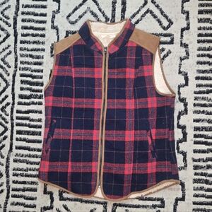 Plaid Zip-Up Vest with Suede Accents